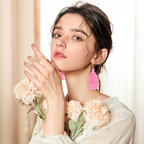 Earrings for Women Dangling, Layered Tassel Earrings Fringe Earrings Bohemian Studs Drop Earrings - color: Pink