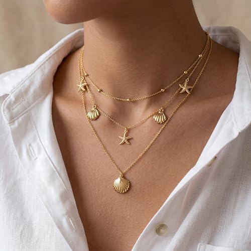 WomenGifts Layered Gold Necklaces for Women, 14K Gold Sterling Silver Plated Dainty Pendant Necklace Set Non Tarnish, Chunky Stackable Cuban Chain Choker, Trendy Birthstone Vacation Jewelry Gift - color: Gold, style: Starfish
