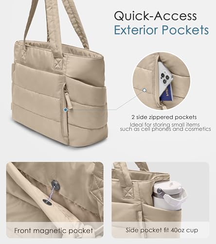 Tote Bag for Women with Zipper, Quilted Puffer Tote Bag with Compartments, Lightweight Puffy Work Bags for Women Travel - color: Desert