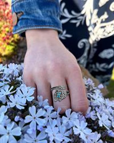 Turquoise Jewelry for Women - Sterling Silver Turquoise Rings Vintage Adjustable Sunflower Dragonfly Butterfly Spoon Ring Victorian Style Boho Antique Flower Thumb Statement Rings Jewelry Gifts for Women - color: Turquoise & Dragonfly