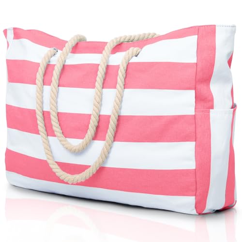 Becokan Beach Bag Large Beach Tote Bag for Women Waterproof Sandproof Swim Pool Bag With Zipper - color: Pink