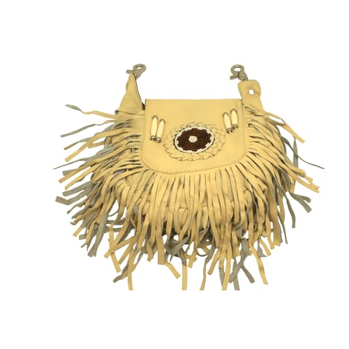 Women’s Genuine Leather Crossbody Belt Bag with Fur Fringe, Braided Bead Handcrafted Design, Clip-On Hip Fanny Pack with Jeans Loop, (J2400LB, Beige) - color: J2400LB-Beige