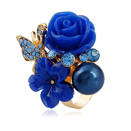 CZ Rose Flower Wedding Ring for Women Statement Engagement Round Rhinstone Crystal Aryclic Daisy Plumeria Adjustable Open Wrap Finger Rings Comfort Fit Cocktail Party Valentine Jewelry - color: Blue