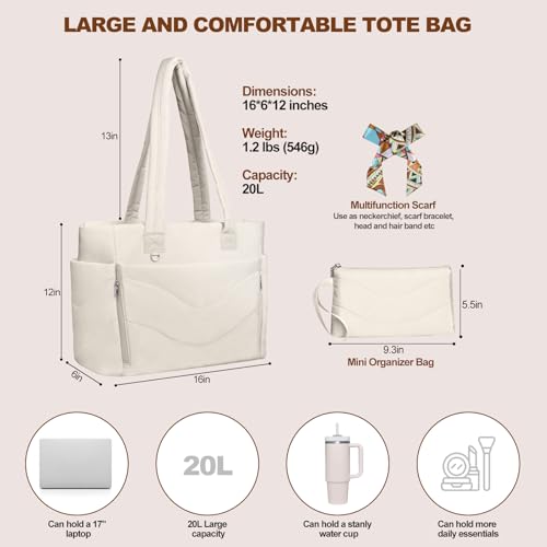 YFWE Puffer Tote Bag for women, Lightweight Tote Bag with Compartments for Work, Travel, School, Gym & Nurses - color: Cream