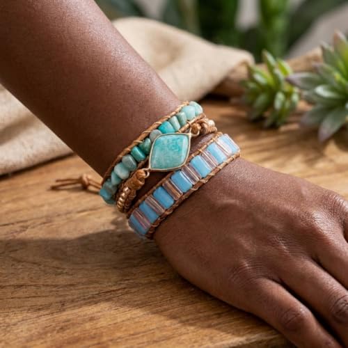 YGLINE Natural Stone Bracelet 5 Wraps Bracelet Handmade Blue Color Boho Bracelet for Women Bracelet - color: amazonite 2