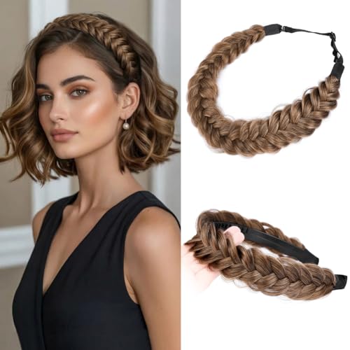 2PCs Braided Headband with teeth Handmade Messy Wide Synthetic Hair Elastic Stretch Fluffy Hairpiece for Brides (Claybank) - color: Claybank