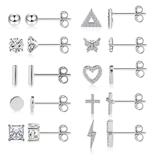 BOUTIQUELOVIN 14K Gold Stud Earrings Set for Women, for Multiple Piercing Silver Plated Studs Earrings and Zirconia Earring Set Small Huggie Hoop Chain Earing - color: 10Pairs Silver Studs
