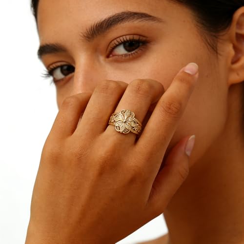 925 Sterling Silver Floral Filigree Ring for Women 14K Gold/Silver Plated,Vintage Classic Flower Statement Ring Jewelry Gifts for Her,Dainty Promise Ring for Anniversary Wedding Engagement Daily Size:6-10 - color: Gold