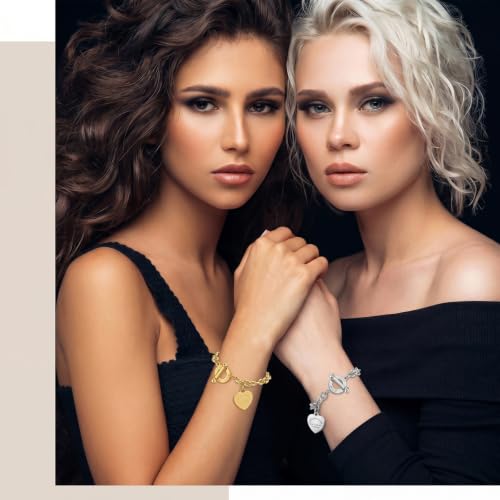 Emibele Heart Charm Bracelet for Women, Bible Verse Bracelet Stainless Steel 18K Gold Plated Bracelet Love Pendant Link Chain OT Clasp, Birthday Christmas Jewelry Gift for Mother Her - color: Gold & Silver