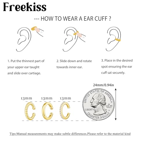 Freekiss Gold Ear Cuffs Non Piercing: 14K Gold Plated/Silver Cuff Earrings for Women Trendy Chain Cubic Zirconia Cartilage Clip on Earrings Fake Earring Cuffs Set Hypoallergenic Jewelry for Women