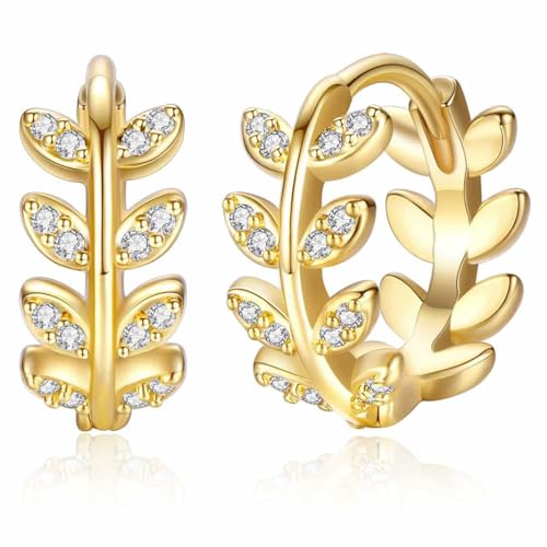14K Gold Huggie Earrings for Women Silver Huggie Hoop Earrings Cubic Zirconia Huggie Earrings Stud Earrings Lightweight Dainty Hypoallergenic Earrings Jewelry Gifts - color: Gold Olive Leaf CZ Huggie Earrings