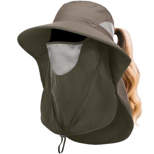 Womens Sun Hat Wide Brim UPF50+ Outdoor Sun Protection Ladies Fishing Hat with Neck Flap Detachable Face Cover - color: Light Green