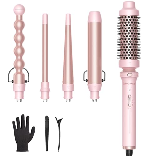 Wavytalk 5 in 1 Curling Iron,Curling Wand Set with Curling Brush and 4 Interchangeable Ceramic Curling Wand(0.5”-1.25”),Instant Heat Up,Include Heat Protective Glove & 2 Clips (Pink) - color: Pink