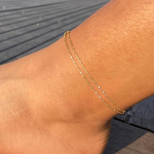 Ritach Ankle Bracelets for Women - Silver/Gold Plated Stainless Steel Anklets for Women Waterproof Layered Cuban Link Figaro Chain Heart Anklets Set Summer Beach Jewelry Gifts - color: Gold-Layered Beaded Chain