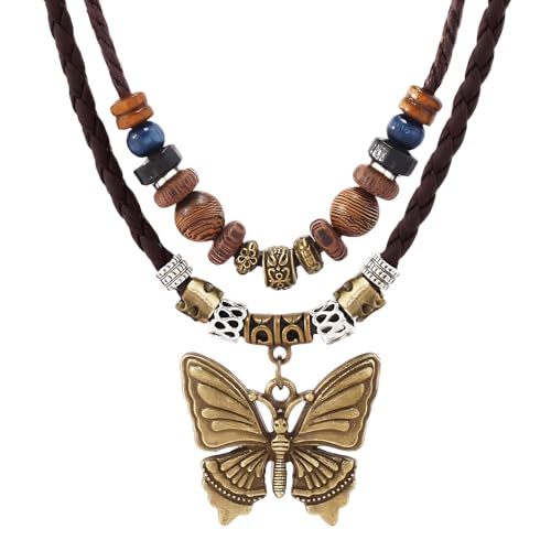 Boho Necklace for Women,Vintage Butterfly Pendant Necklaces,Adjustable Wooden Beads Layered Braided Choker,Fashion Tribal Style Leather Rope Necklace Jewelry,Chunky Statement Gift for Women - color: Brown
