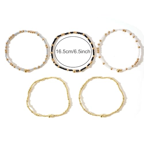 14K Gold Plated Beaded Bracelets Stack Set for Women,Stretch Boho Colorful Beads Ball Jewelry Friendship Summer Trendy - color: White ball