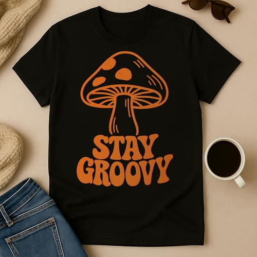 Stay Groovy Mushrooms T-Shirt– Retro Aesthetic Apparel – 100% Cotton Unisex Tee - color: Black, size: Large