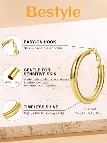 Bestyle 5mm Thick Gold Hoop Earrings Hypoallergenic Hoops for Sensitive Ears Trendy Lightweight Chunky Earrings for Women 30/40/60/80mm - color: 01-Gold, size: 40mm