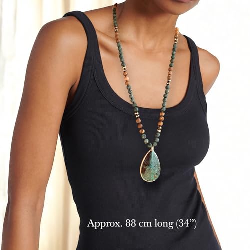 Long Genuine Stone beads and Pendant Necklace for Woman. Hand Knotted natural stone beads with big non-precious stone statement necklace. HANDMADE Boho Jewelry for women. - color: Turquoise Green