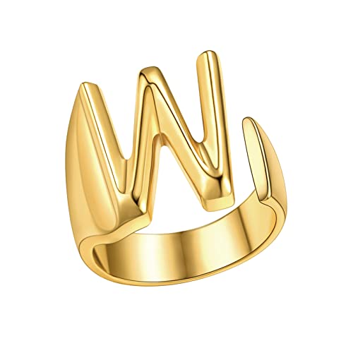 FindChic Customizable Initial Ring Statement 18K Gold Plated Fashion Cuff Rings for Women Alphabet Letter A to Z Resizable Knuckle Ring (with Gift Box) - color: W