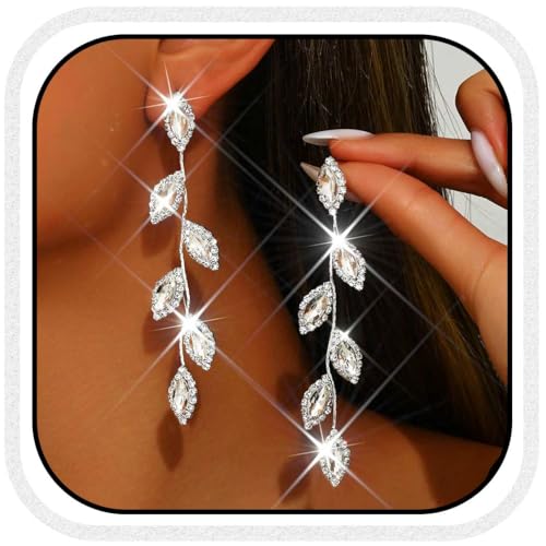 Catery Crystal Wedding Earrings Rhinestones Dangling Earrings Leaf Bridal Ear Jewelry for Brides and Women - color: Silver