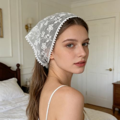 Women's Floral Lace Triangle Hip Scarf Head Kerchief Tie Waist Belt Sheer Hip Wrap Boho Head Scarf Hair Accessory - color: White