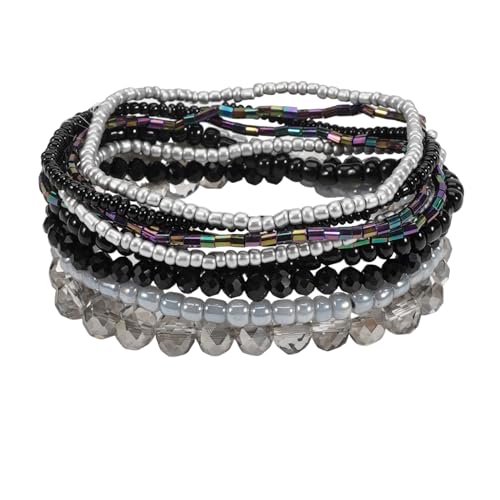 Caiyao Bohemian Multilayer Stackable Seed Beaded Bracelets Colorful Crystal Glass Beads Strand Bangle Bracelet BFF Wristbands Bracelet for Women Summer Beach Hawaii Jewelry Birthday Gifts - color: Black 2