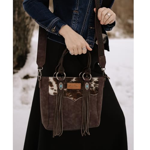 Montana West Western Cowhide Crossbody Bag for Women Designer Leather Tassel Top Handle Handbags - color: Black