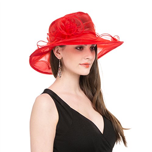 SAFERIN Women's Organza Church Fascinator Bridal Tea Party Wedding Hat - color: Sfhat-001-red