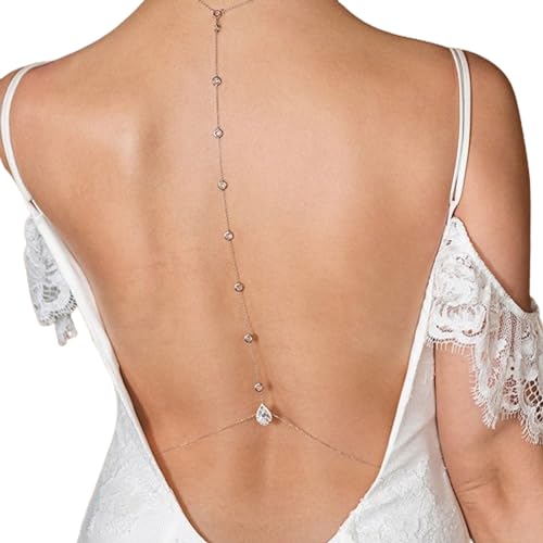 Sexy Rhinestone Back Chain Necklace for Backless Dress Bridal Wedding Rhinestone Backdrop Chain Jewelry Crystal Simple Waist Chain Jewelry for Women - style: Silver