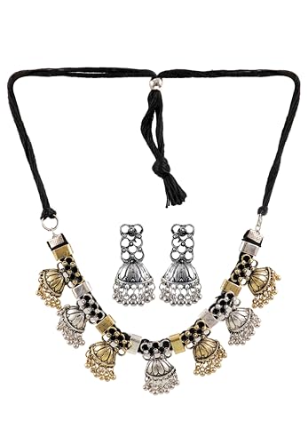 Indian Designer Statement Afghani Silver Oxidised Dual Tone Ethnic Traditional Tassel Choker Necklace Jewelry Women - color: SILVER