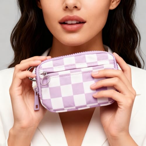 Wristlet Wallet for Women Mini Zip Card Case with Clear ID Window Zipper Coin Purse Lightweight Portable Keychain Wallet - color: Purple Lattice