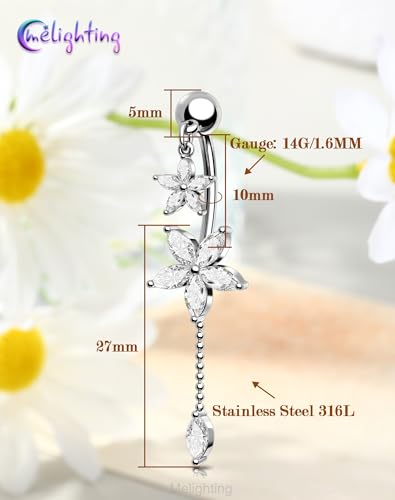 Melighting 14G Lotus Belly Button Ring, Dangle Belly Ring Surgical Steel 316L, Reverse Navel Piercing Jewelry, 10 mm Silver Flower Body Jewellery for Women - style: Lotus