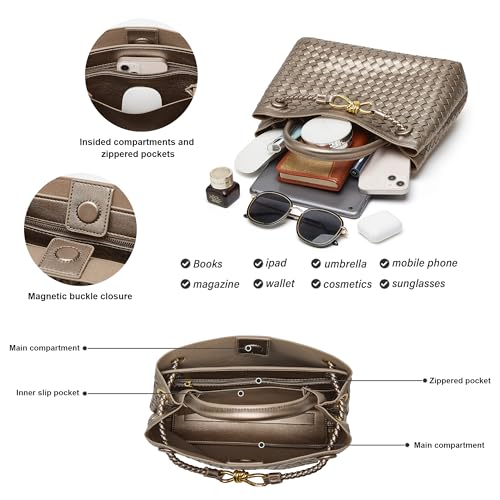 Woven Tote Bag Womens Purse: Vegan Leather Shoulder Handbags - Fashion Summer Beach Tote Bags - Large Travel Totes - color: A7 Medium Light Copper and Silver