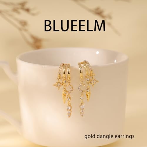 Dangle Earrings For Women, Dainty Gold Drop Statement Earrings 14K Gold Plated Long Huggie Earrings for Women Trendy Hypoallergenic Dangly Earrings Small Triple Hoops Earrings Fashion Jewelry - color: gold-star