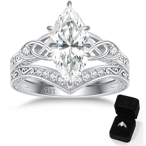 4CT Moissanite Marquise Engagement Ring Set for Women, Heart Shaped Celtic Knot D Color VVSI S925 Sterling Silver Promise Wedding Band, Bridal Festival Gift with Certificate & Box