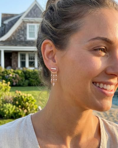 MUMREUES Gold Earrings for Women Trendy 14K Gold Plated Dangle Earrings Small Hoop Huggie Drop Stud Earrings Cubic Zirconia Simple Minimalist Dainty Chain Tassel Hypoallergenic Earrings - color: Jacket & Rose Gold