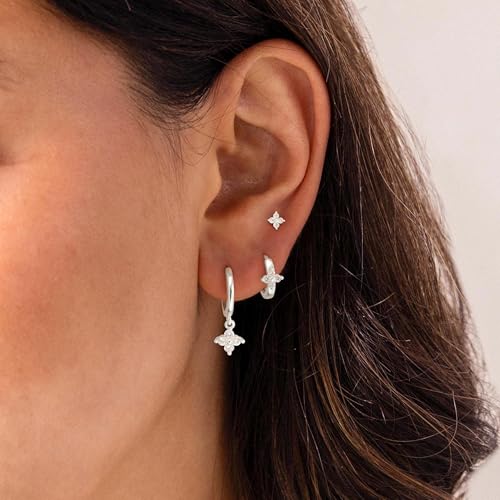 3 Pairs Small Earring Stacks, 14K Gold/Silver/Black/Rose Gold Plated Pearl Heart Butterfly Star Diamond Charm Drop Huggie Earrings Trendy Jewelry Gift for Women - color: Silver-Clover