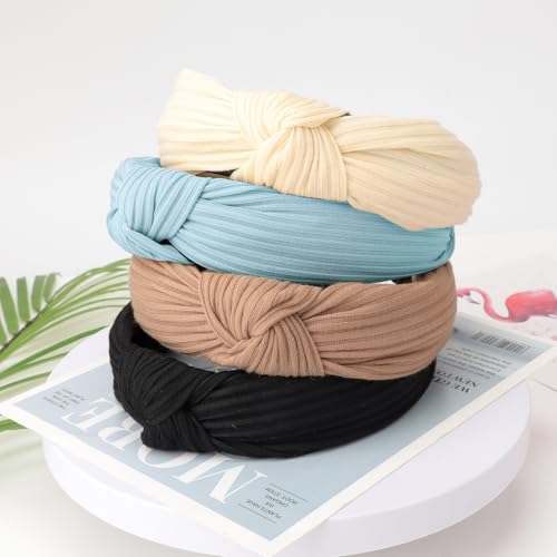 DRESHOW 4 Pack Knotted Headbands for Women Wide Turban Headband Yoga Exercise Ribbing Head Wraps Hair Bands Accessories - color: 4 Pack: Black, Beige, Light Brown, Sky Blue