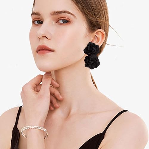 Oversized Fabric Flower Earrings for Women Statement Boho Chic Dangle Drop Earrings for Parties Weddings or Everyday Wear - color: Black