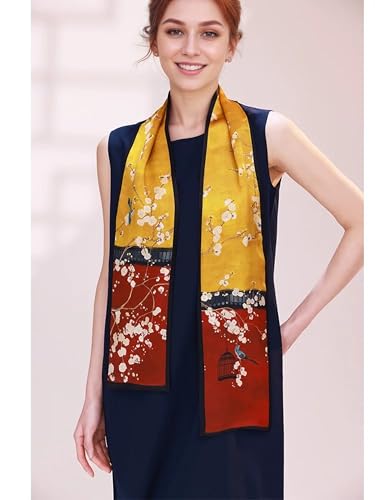 ANDANTINO 100% Silk Scarf for Women 59”*6.3” Long Shawls for Headscarf and Neck- Oblong Hair Wraps with Gift Packed - color: Yellow&red
