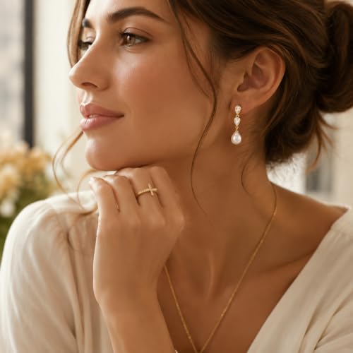 Pearl Earrings for Women, 14k Gold Plated Trendy Diamond Pearl Drop Earrings Hypoallergenic Dainty Bridal Gifts Wedding jewelry for Women - color: E- Gold