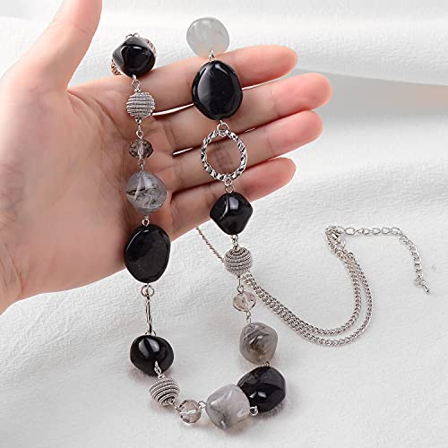 BULINLIN Beaded Long Necklace for Women Silver Sweater Chain Necklace with Crystal Resin Beads, Fashion Jewelry Necklace - color: 53-Black and grey