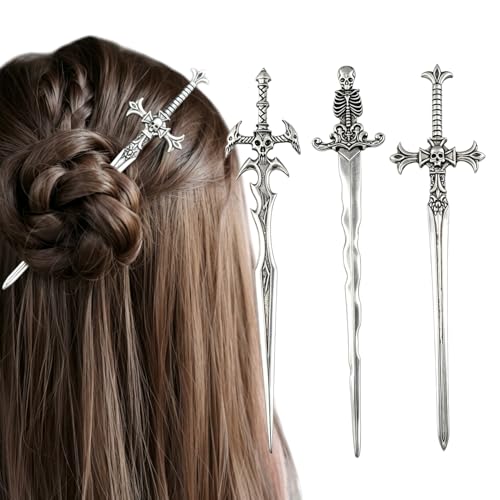 3PCS Skull Sword Hair Pins for Women, Metal Hair Sticks Set, Gothic Hair Accessories, Fantasy Decorative Hair Pins, Medieval Hair Stick Set for Bun Updo Long Thick Hair - color: Design-7