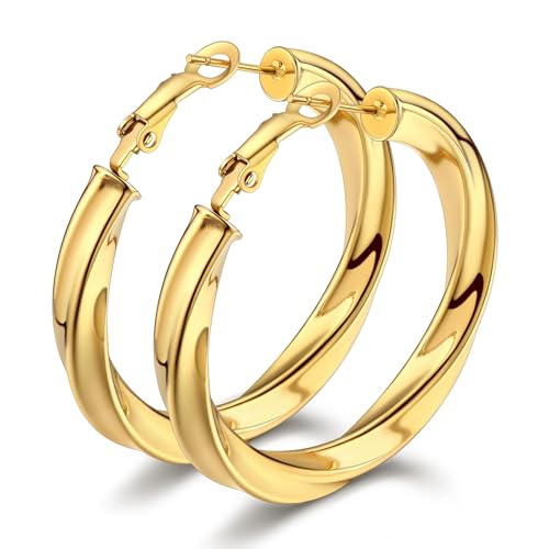 Bestyle 5mm Thick Gold Hoop Earrings Hypoallergenic Hoops for Sensitive Ears Trendy Lightweight Chunky Earrings for Women 30/40/60/80mm - color: 02-Gold, size: 40mm