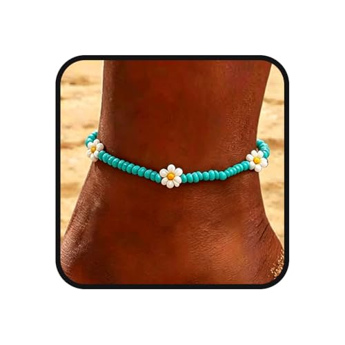 Tgirls Boho Ankle Bracelets for Women Beaded Anklets Chain Beachy Flower Foot Accessories - color: Turquoise