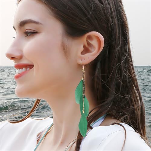 coadipress Boho Piercing Tassel Feather Long Chain Earrings Retro Lightweight Native Feather Dangle Drop Earrings for Women Bohemian Handmade Natural Feathers Earring Jewelry - color: Arm Green