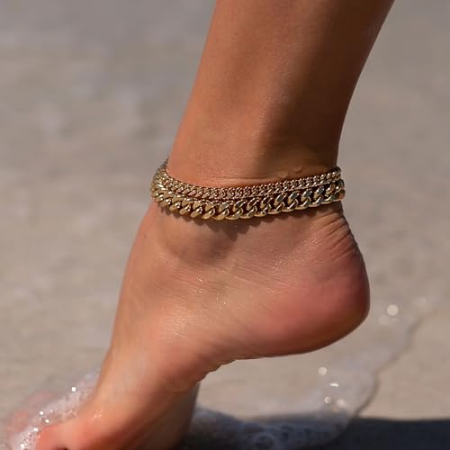 Freekiss Sterling Silver Ankle Bracelets for Women: Dainty Layered Waterproof Anklet for Women Adjustable Womens Anklet Set Stackable Figaro Beaded Cuban Link Anklets Beach Jewelry for Women - color: Layered Cuban Chain-GD