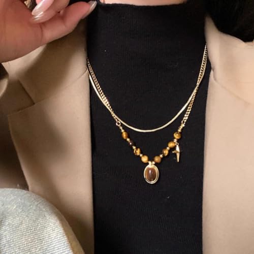 Tiger Eye Necklace for Women Vintage Gold Tiger Eye Brown Stone Pendant Layered Stack Beaded Necklace Elegant Vintage Boho Jewelry - style: SetA