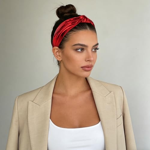 YISSION Metallic Red Knotted Headband for Women, Wide Twist Shiny Fabric Hairband, Fashion Hair Accessory for Everyday Wear, Parties, and Travel - color: Red
